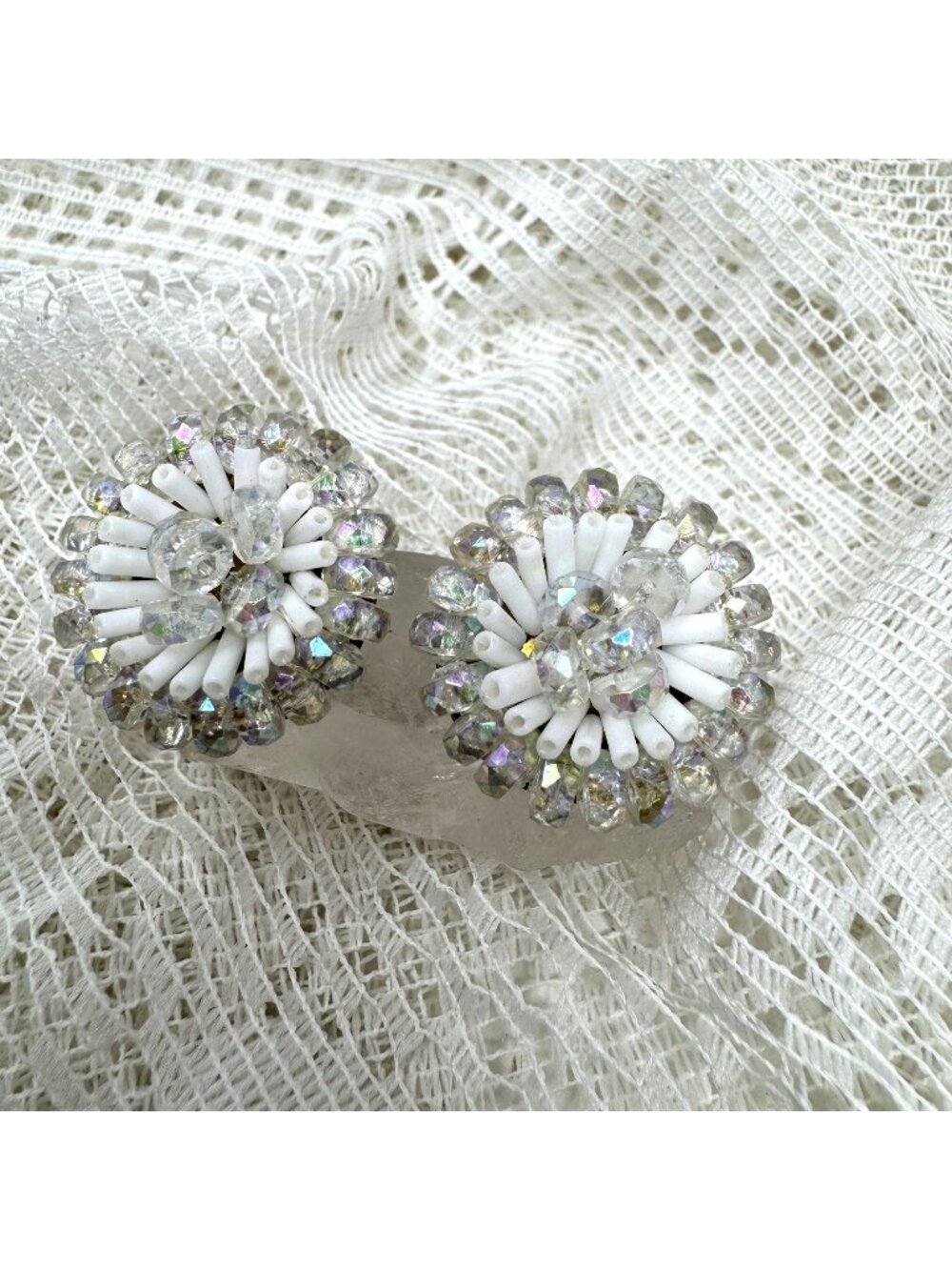 Vintage German Crystal & White Beaded Clip-On Earrings - Sparkly Retro Style Jew